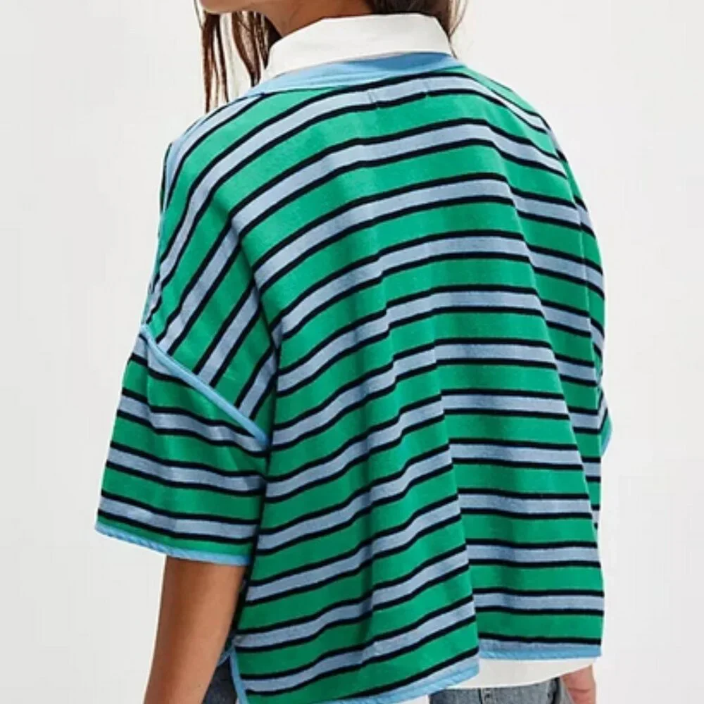 Free People We The Free Clean Rugby Tee Striped Printed Cropped Top S
